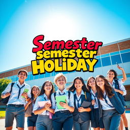 A vibrant and colorful poster featuring a group of high school students enjoying their semester break