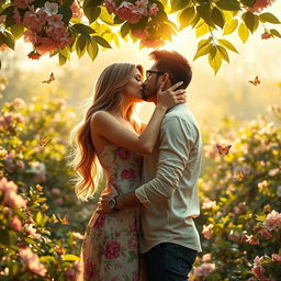 An intimate scene featuring a romantic couple embracing passionately in a lush garden filled with blooming flowers