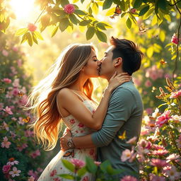 An intimate scene featuring a romantic couple embracing passionately in a lush garden filled with blooming flowers
