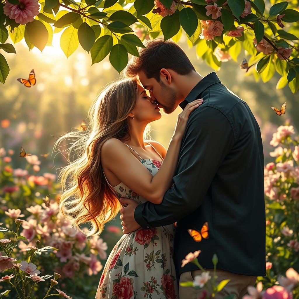 An intimate scene featuring a romantic couple embracing passionately in a lush garden filled with blooming flowers