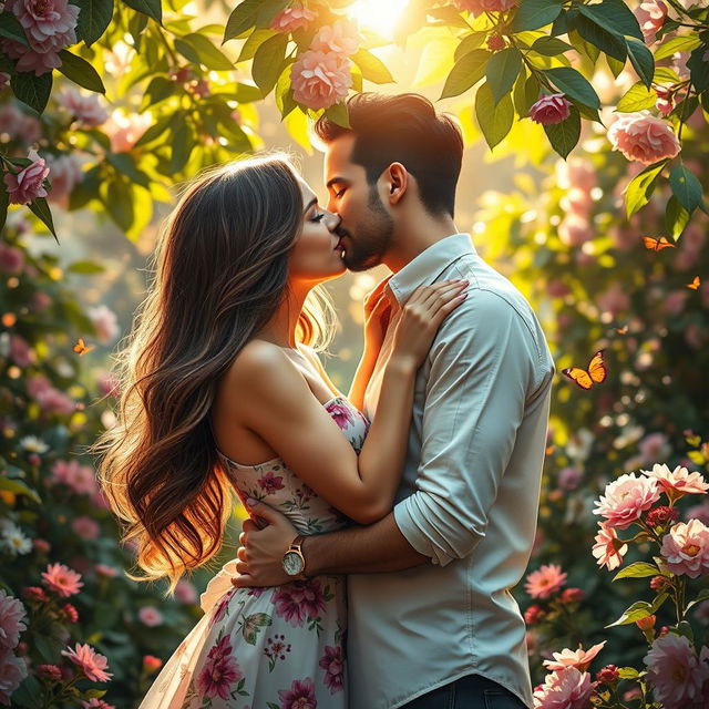 An intimate scene featuring a romantic couple embracing passionately in a lush garden filled with blooming flowers