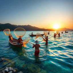 A serene coastal scene depicting a group of fishermen engaged in wira fishing, showcasing their traditional techniques