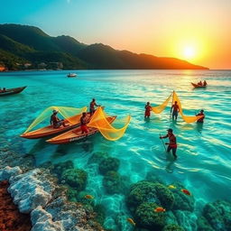 A serene coastal scene depicting a group of fishermen engaged in wira fishing, showcasing their traditional techniques