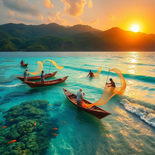 A serene coastal scene depicting a group of fishermen engaged in wira fishing, showcasing their traditional techniques