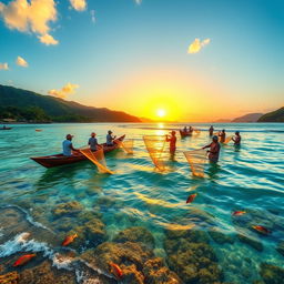 A serene coastal scene depicting a group of fishermen engaged in wira fishing, showcasing their traditional techniques