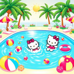 A cute and cheerful illustration of Hello Kitty swimming in a bright, vibrant pool
