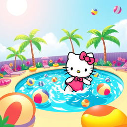 A cute and cheerful illustration of Hello Kitty swimming in a bright, vibrant pool