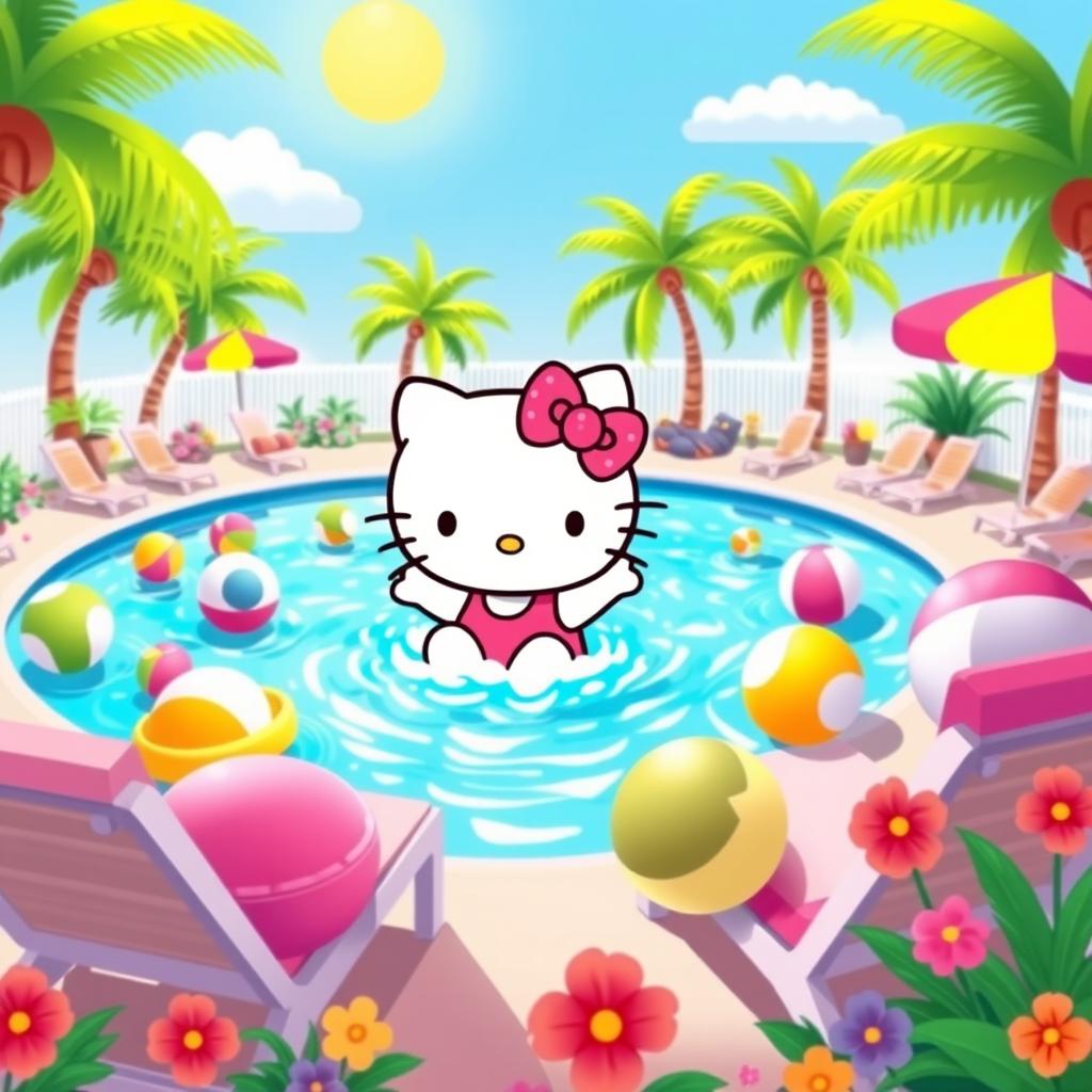 A cute and cheerful illustration of Hello Kitty swimming in a bright, vibrant pool