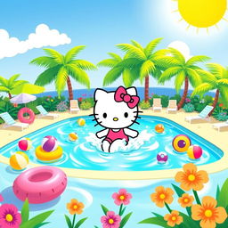 A cute and cheerful illustration of Hello Kitty swimming in a bright, vibrant pool