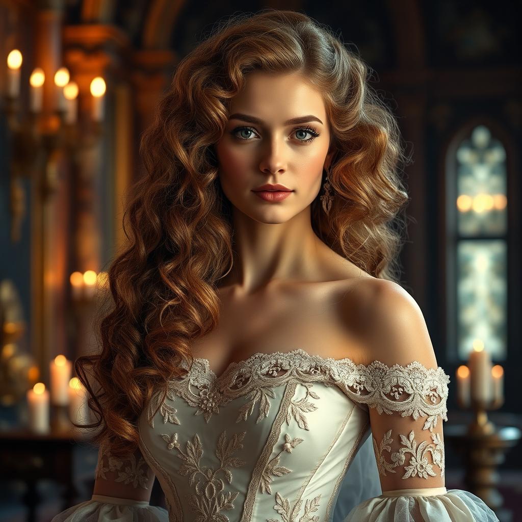 A noble young lady with beautiful, voluminous curly hair cascading down her shoulders, wearing an elegant vintage gown adorned with intricate lace and embroidery