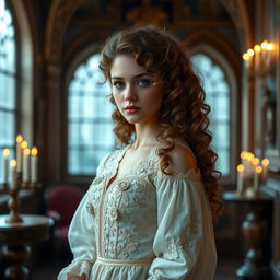 A noble young lady with beautiful, voluminous curly hair cascading down her shoulders, wearing an elegant vintage gown adorned with intricate lace and embroidery