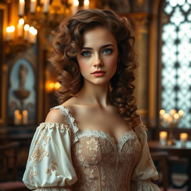 A noble young lady with beautiful, voluminous curly hair cascading down her shoulders, wearing an elegant vintage gown adorned with intricate lace and embroidery