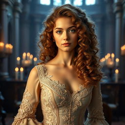 A noble young lady with beautiful, voluminous curly hair cascading down her shoulders, wearing an elegant vintage gown adorned with intricate lace and embroidery