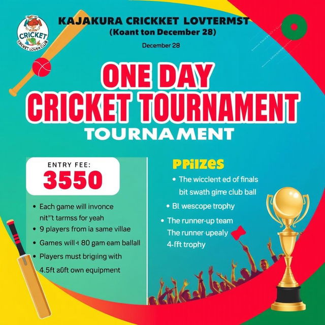 A vibrant poster for a one-day cricket tournament featuring 8 teams, scheduled for December 28, organized by Kajalkura Cricket Lovers Club