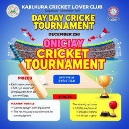 A vibrant poster for a one-day cricket tournament featuring 8 teams, scheduled for December 28, organized by Kajalkura Cricket Lovers Club