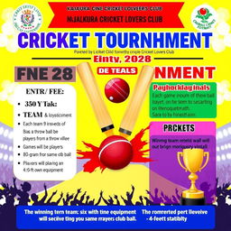 A vibrant poster for a one-day cricket tournament featuring 8 teams, scheduled for December 28, organized by Kajalkura Cricket Lovers Club