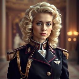 A noble young lady with luxurious, curly cream-colored hair styled elegantly, wearing a vintage military uniform that exudes charm and sophistication