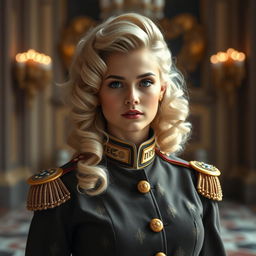 A noble young lady with luxurious, curly cream-colored hair styled elegantly, wearing a vintage military uniform that exudes charm and sophistication