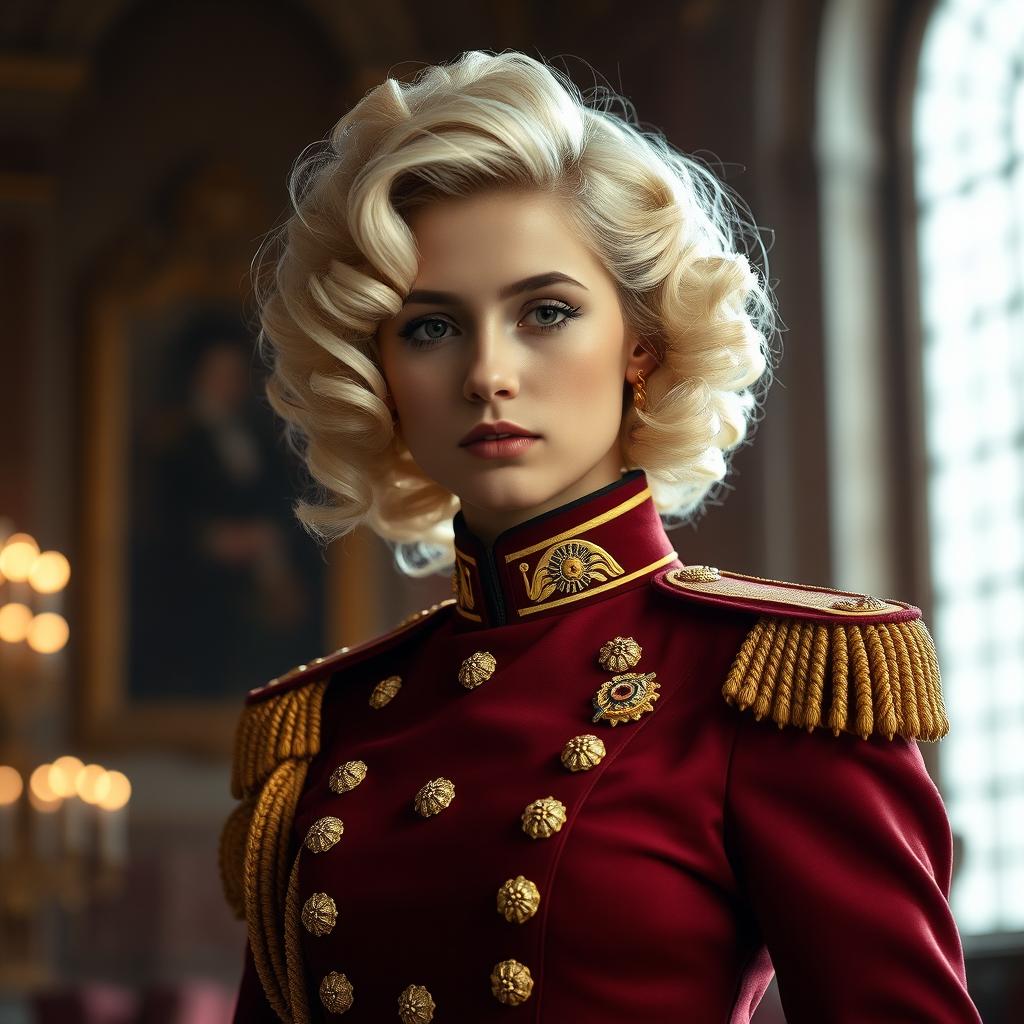 A noble young lady with luxurious, curly cream-colored hair styled elegantly, wearing a vintage military uniform that exudes charm and sophistication