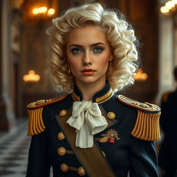 A noble young lady with luxurious, curly cream-colored hair styled elegantly, wearing a vintage military uniform that exudes charm and sophistication