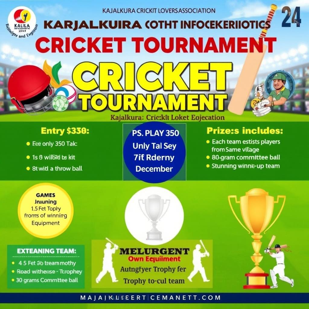 A vibrant cricket tournament poster featuring information about a one-day cricket competition on December 28, organized by Kajalkura Cricket Lovers Association