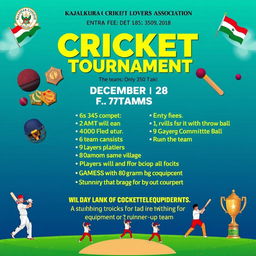 A vibrant cricket tournament poster featuring information about a one-day cricket competition on December 28, organized by Kajalkura Cricket Lovers Association