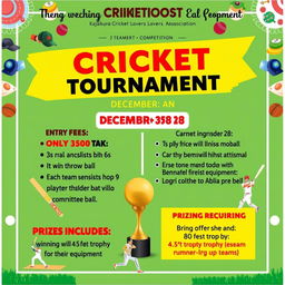 A vibrant cricket tournament poster featuring information about a one-day cricket competition on December 28, organized by Kajalkura Cricket Lovers Association