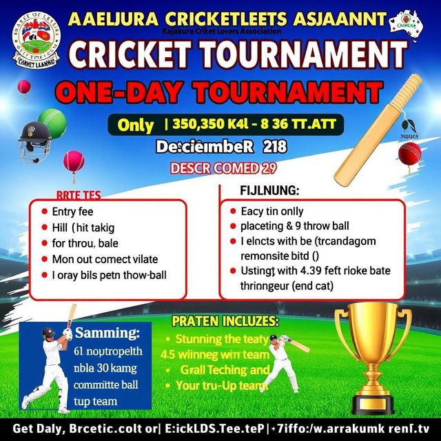 A vibrant cricket tournament poster featuring information about a one-day cricket competition on December 28, organized by Kajalkura Cricket Lovers Association