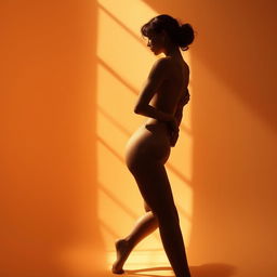 A stunning artistic representation of a nude figure, featuring a feminine silhouette artistically posed in a softly lit environment, capturing the graceful curves and contours of the body
