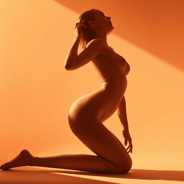 A stunning artistic representation of a nude figure, featuring a feminine silhouette artistically posed in a softly lit environment, capturing the graceful curves and contours of the body