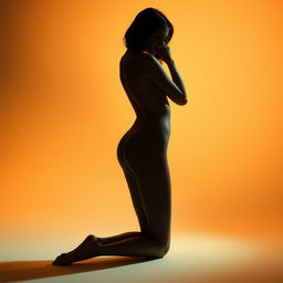 A stunning artistic representation of a nude figure, featuring a feminine silhouette artistically posed in a softly lit environment, capturing the graceful curves and contours of the body