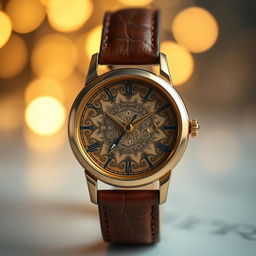 A mesmerizing design of a hand watch featuring an intricate, ornate dial with swirling patterns and sparkling gemstones