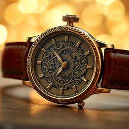 A mesmerizing design of a hand watch featuring an intricate, ornate dial with swirling patterns and sparkling gemstones