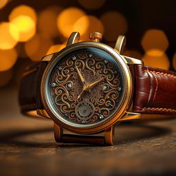 A mesmerizing design of a hand watch featuring an intricate, ornate dial with swirling patterns and sparkling gemstones