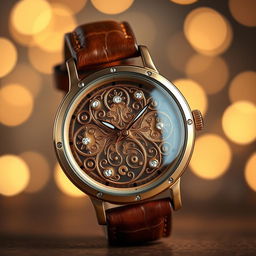 A mesmerizing design of a hand watch featuring an intricate, ornate dial with swirling patterns and sparkling gemstones