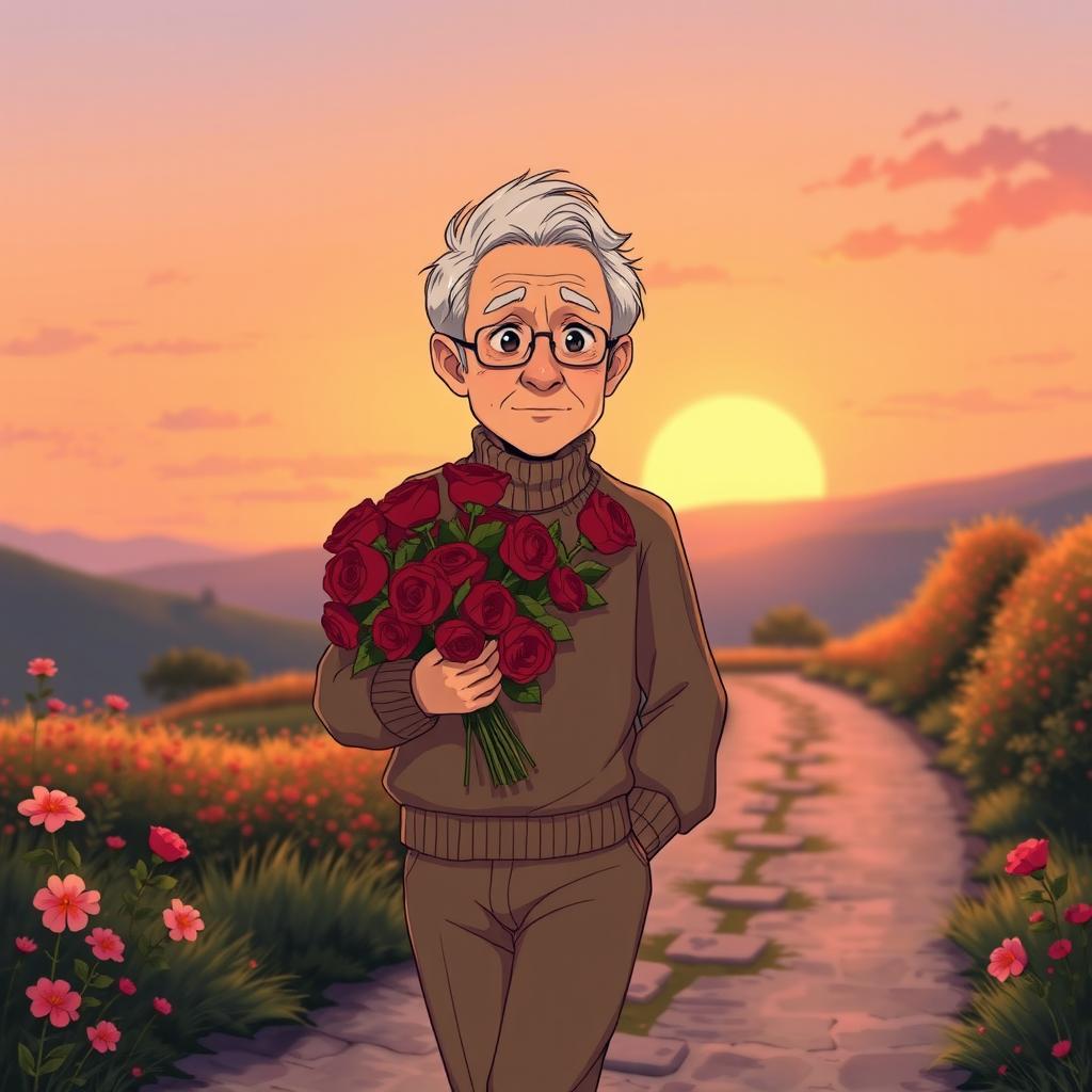 An anime-style illustration of an elderly man with gray hair and a gentle expression, walking slowly down a scenic path while carrying a beautiful bouquet of red roses