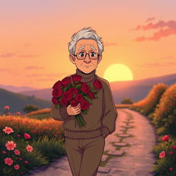 An anime-style illustration of an elderly man with gray hair and a gentle expression, walking slowly down a scenic path while carrying a beautiful bouquet of red roses