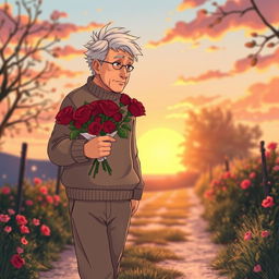 An anime-style illustration of an elderly man with gray hair and a gentle expression, walking slowly down a scenic path while carrying a beautiful bouquet of red roses