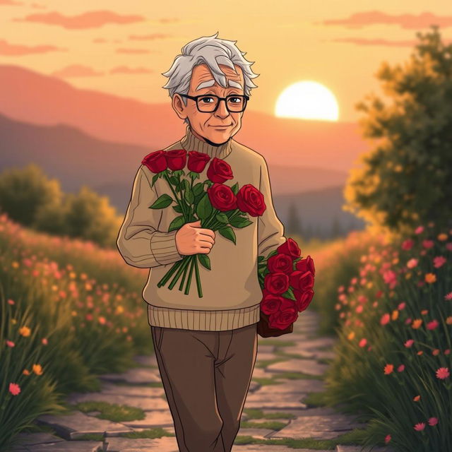 An anime-style illustration of an elderly man with gray hair and a gentle expression, walking slowly down a scenic path while carrying a beautiful bouquet of red roses