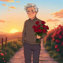 An anime-style illustration of an elderly man with gray hair and a gentle expression, walking slowly down a scenic path while carrying a beautiful bouquet of red roses