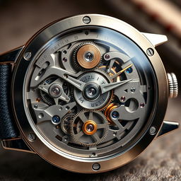 A mesmerizing and intricately detailed design of a mechanical watch's inner workings, showcasing the complex gears, springs, and movements that make the watch function