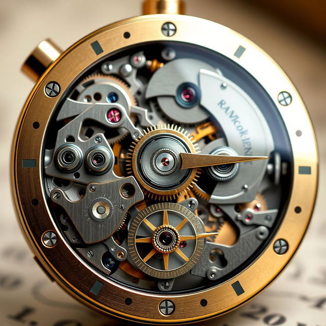 A mesmerizing and intricately detailed design of a mechanical watch's inner workings, showcasing the complex gears, springs, and movements that make the watch function