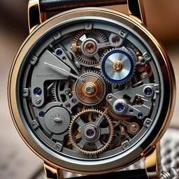 A mesmerizing and intricately detailed design of a mechanical watch's inner workings, showcasing the complex gears, springs, and movements that make the watch function