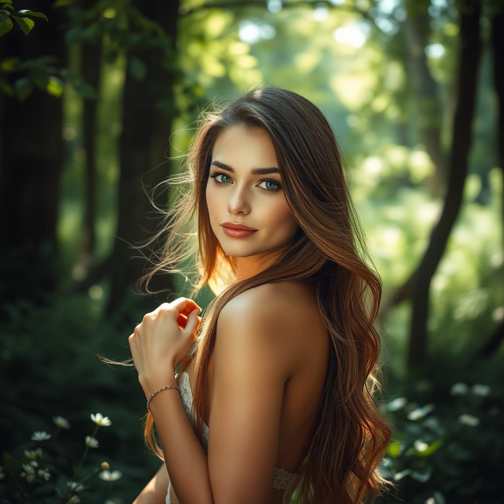 A stunningly beautiful woman with long flowing hair standing in an enchanting forest