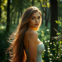 A stunningly beautiful woman with long flowing hair standing in an enchanting forest