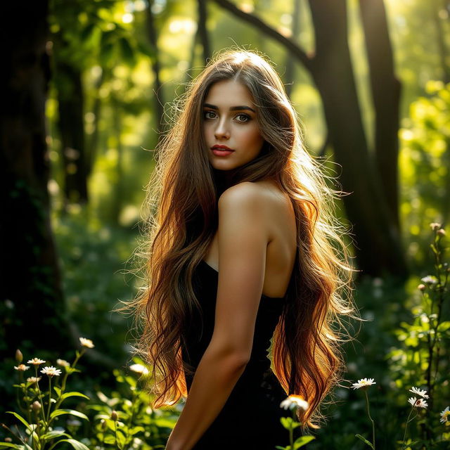 A stunningly beautiful woman with long flowing hair standing in an enchanting forest