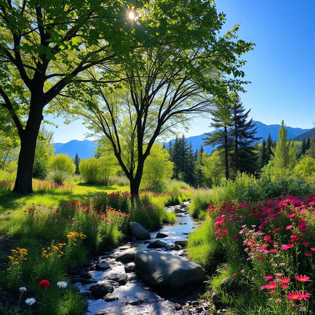 A beautiful landscape featuring a serene nature background with lush green trees, vibrant wildflowers in various colors, and a clear blue sky