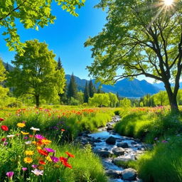 A beautiful landscape featuring a serene nature background with lush green trees, vibrant wildflowers in various colors, and a clear blue sky