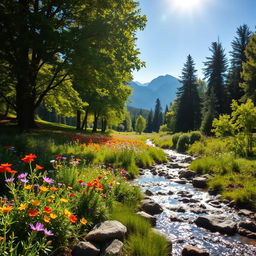 A beautiful landscape featuring a serene nature background with lush green trees, vibrant wildflowers in various colors, and a clear blue sky