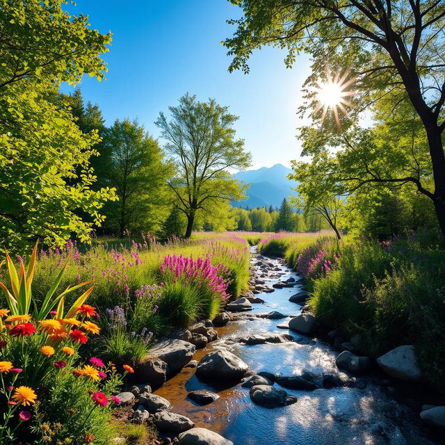 A beautiful landscape featuring a serene nature background with lush green trees, vibrant wildflowers in various colors, and a clear blue sky